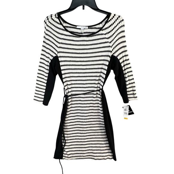 Studio One Knit Dress S Black White Diamond Striped Belted Stretch Work Career - Picture 4 of 14